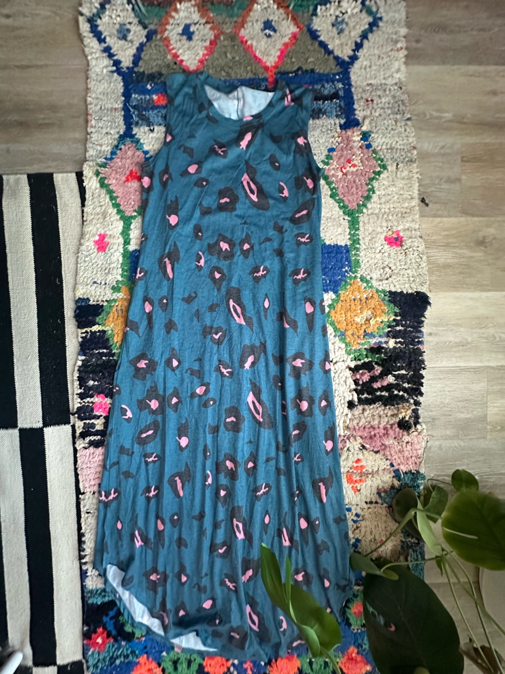 Blue Leopard Print Maxi Dress with Pink Leopard Accents